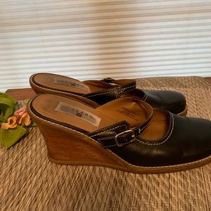 Pesaro Black Leather Wedge Mules Sz 7.5